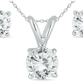 14K White Gold 3-12 Carat Diamond Stud Earrings and Pendant Necklace Set