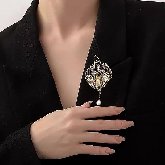 Gold Majestic Phoenix Brooch Embellished with Lustrous Pearls and Colorful Gemstones, Sophisticated Jewelry for Memorable Events, Must-Have Accessory for Elegant Women - Image 2