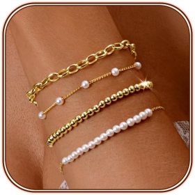 Gold Pearl ded Bracelet for Women, 14K Gold Plated  Set With Paperclip Link Chain, Trendy Stack Bracelets
