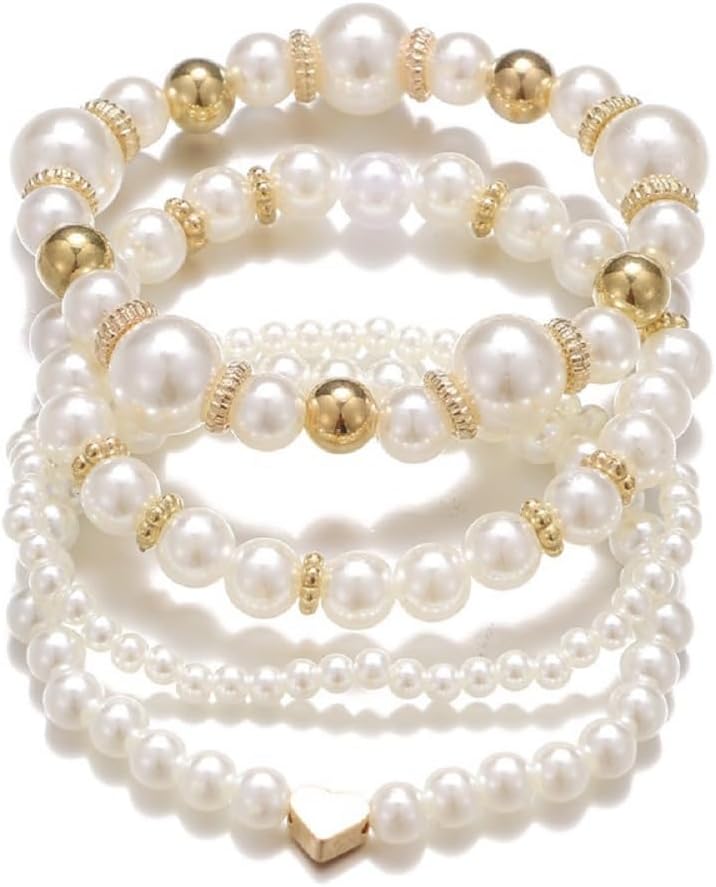Chunky Simulated Pearl Stackable Stretch Bracelet Set ded Ball Adjustable Multilayered Elastic Bangles for Women Wedding