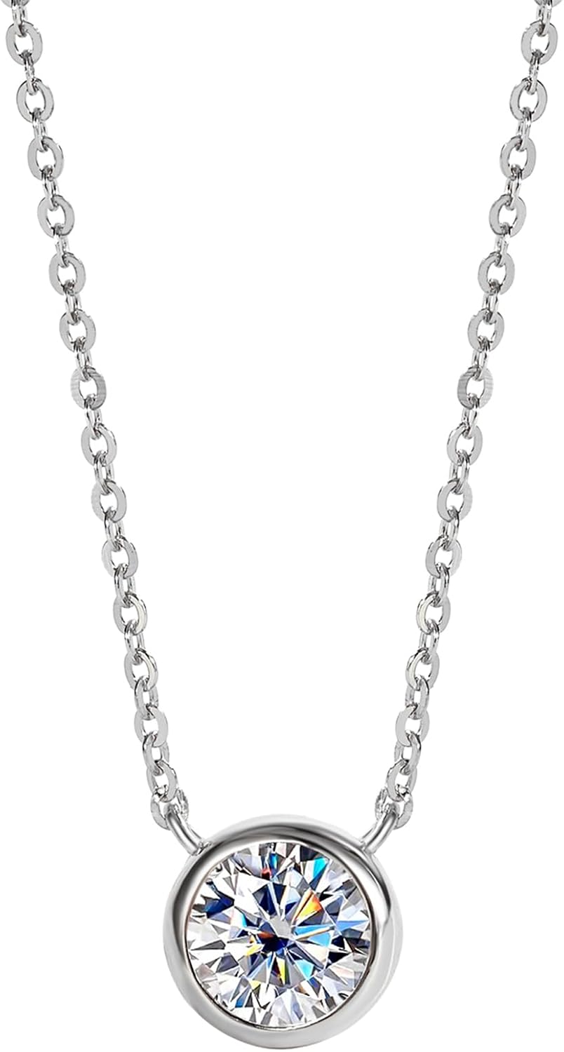 1CT Moissanite Solitaire Necklace D Color VVS1 925 Sterling Silver Elegant Bezel Pendant Dainty Halo Choker Necklaces for Women Wife Mom