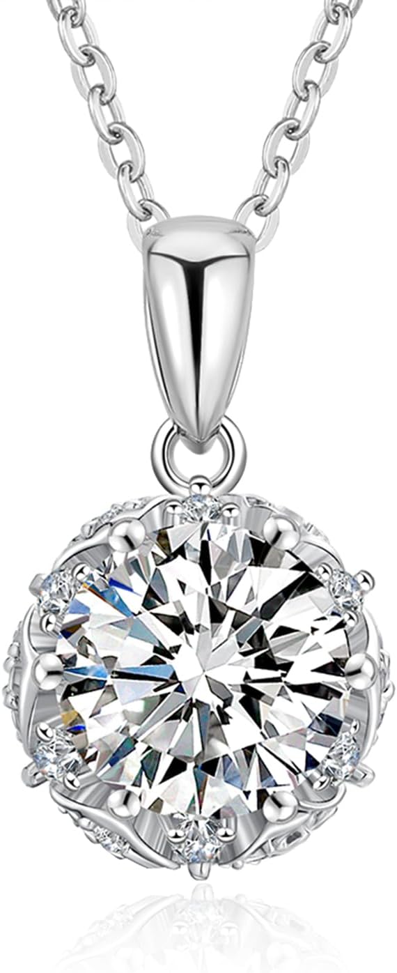 Moissanite Rose & Thorns Pendant Necklace for Women 925 Sterling Silver D Color VVS1 Round Solitaire Pendant Halo Necklace 1ct/2ct Pendant with 18"+2" Chain Gifts for Wife Mom Girlfriend