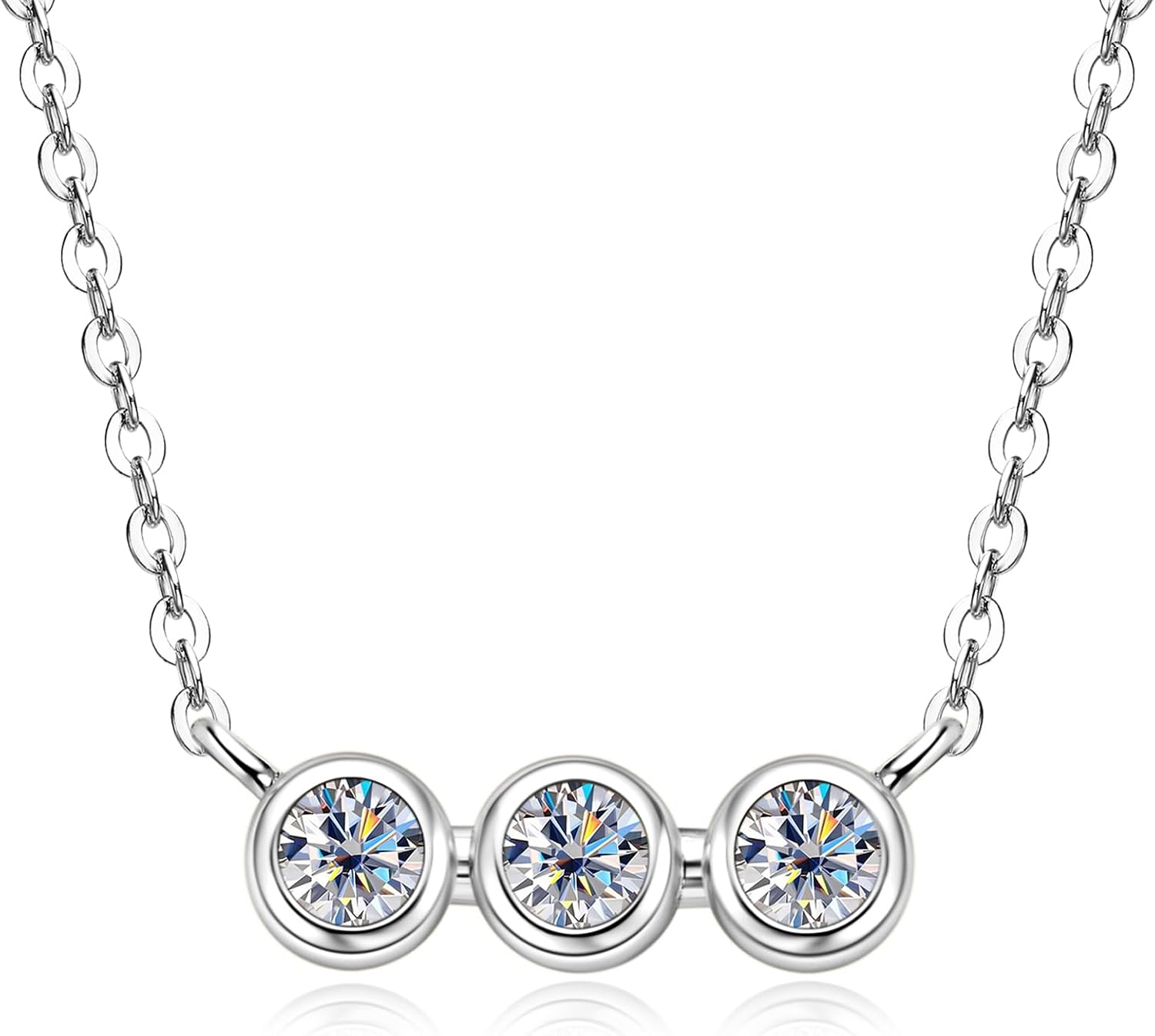 Three Stone Moissanite Pendant Necklace, D Color VVS1 Clarity 925 Silver Bezel Pendant for Women Wife Birthday Jewelry Gift