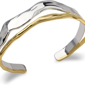 Chunky Gold and Silver Cuff Bracelets Sterling Silver Two Tone Open Bangles Double Layer Irregular Wave Hammered Texture Bracelet for Women