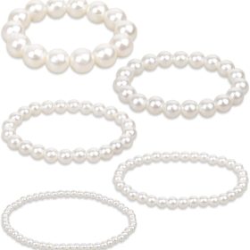 5 Pcs White Pearl Bracelets for Women, White Stretch Bridesmaid Pearl Bracelets Bridal Wedding Elastic Bracelets Stackable Faux Pearl Bracelets for Lady Pearl ded Bracelets