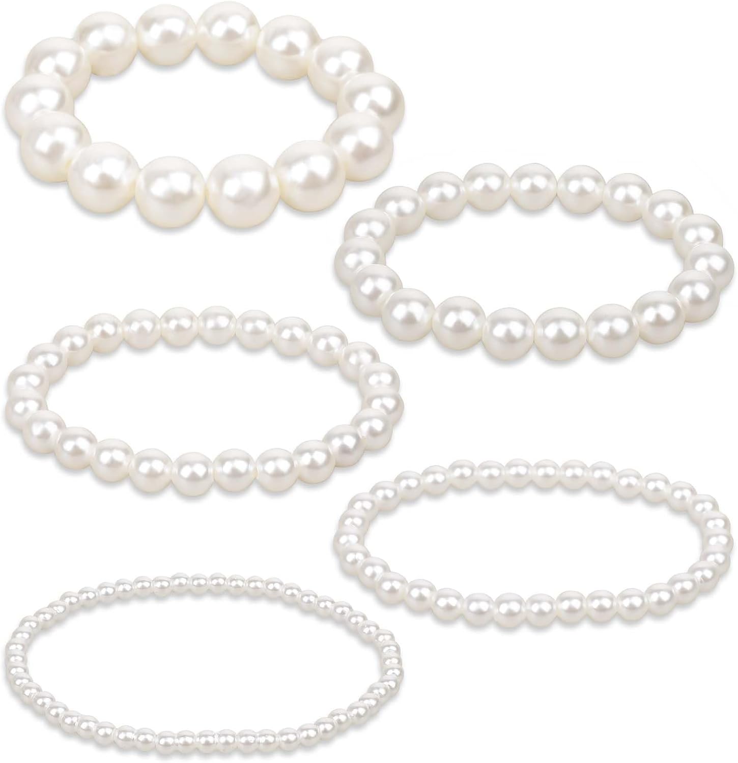 5 Pcs White Pearl Bracelets for Women, White Stretch Bridesmaid Pearl Bracelets Bridal Wedding Elastic Bracelets Stackable Faux Pearl Bracelets for Lady Pearl ded Bracelets