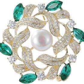 Gold Vintage Crystal Moissanite and Pearl Wreath Brooch - Elegant Coat Pin, Perfect for Formal Occasions