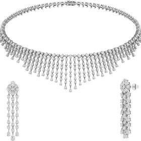 18K Sterling White Gold Pear-Shaped and Round White Diamond Tassel Necklace Set