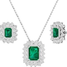 925 Sterling Silver Women's Emerald Necklace and Earrings Set
