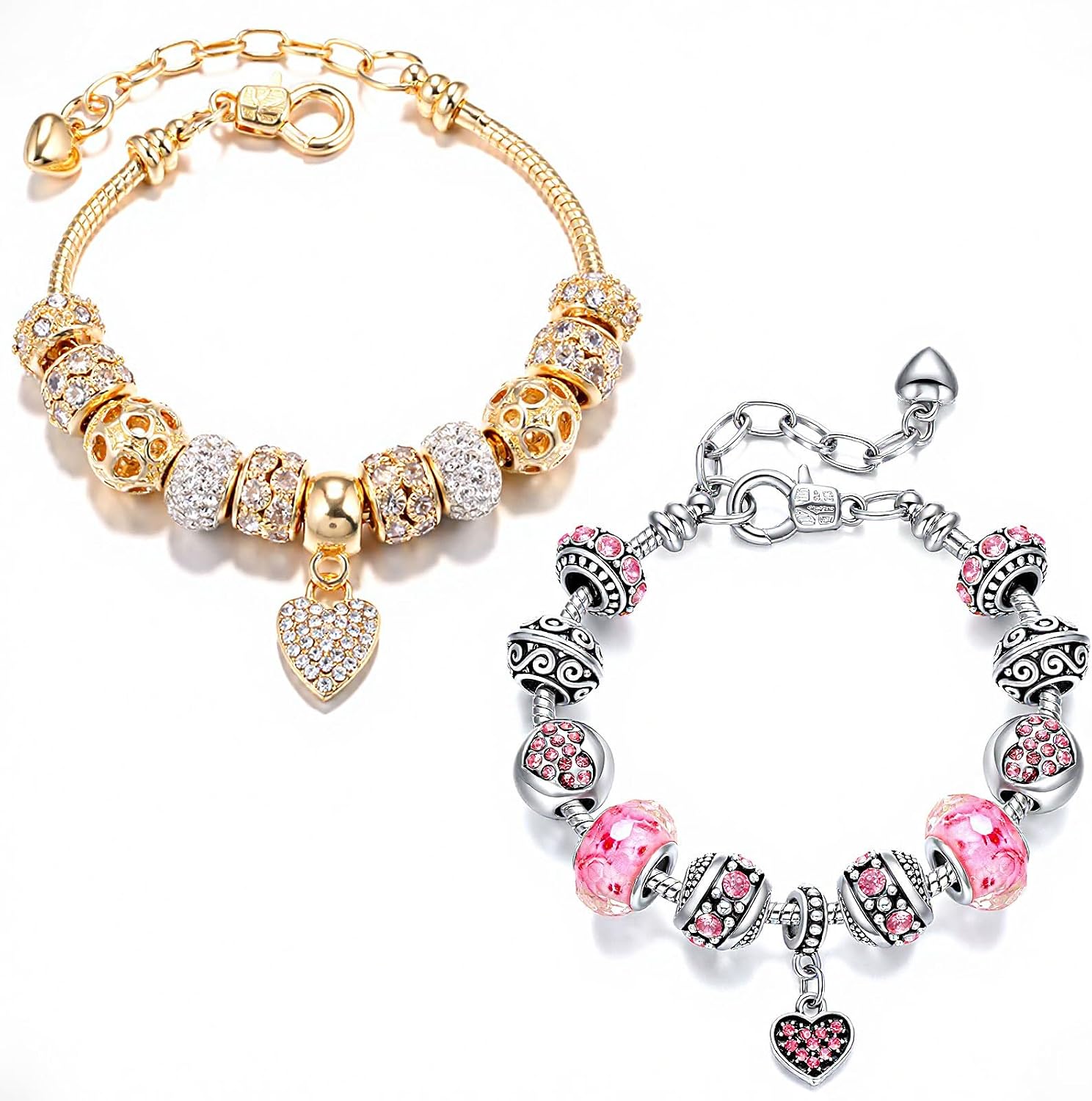 2 Pack Charm Bracelets Pink and Gold Heart Silver Plated Charm Bracelet, DIY for Women Gifts, with , Crystal, Charms, Love and Adjustable Snake Chain, Fits 7.5"+1.5"