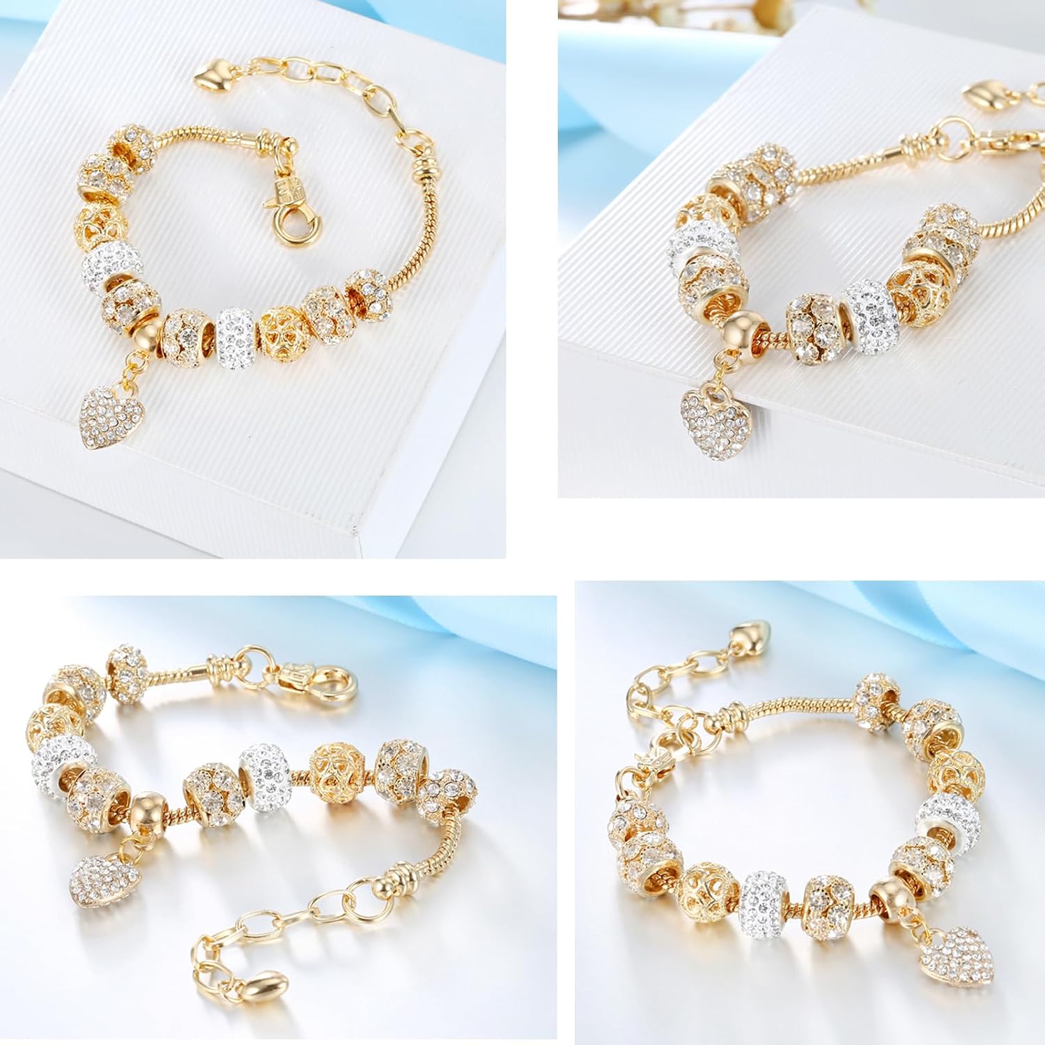 2 Pack Charm Bracelets Pink and Gold Heart Silver Plated Charm Bracelet, DIY for Women Gifts, with , Crystal, Charms, Love and Adjustable Snake Chain, Fits 7.5"+1.5" - Image 2